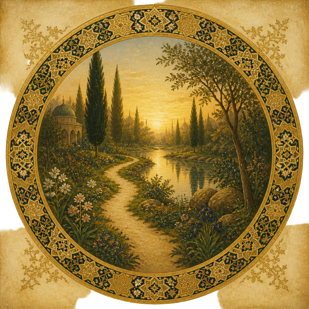 An illuminated circular mirror showing a garden path beside still water at dawn